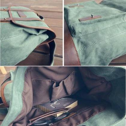 Olive Canvas Backpack, Backpack , Leather ,..